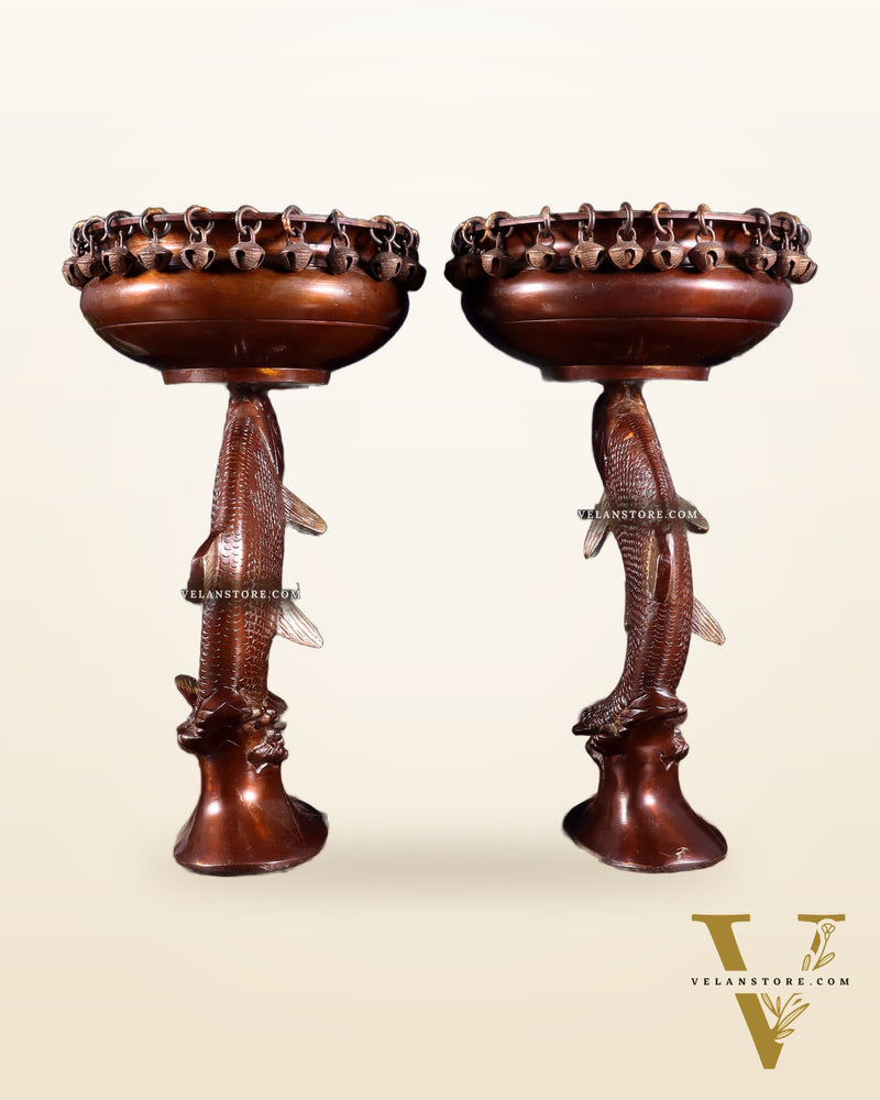 Pair of Designer Brass Jumping Dolphin Urli Bowls with Ghungroos | Festive Décor & Auspicious Gifting