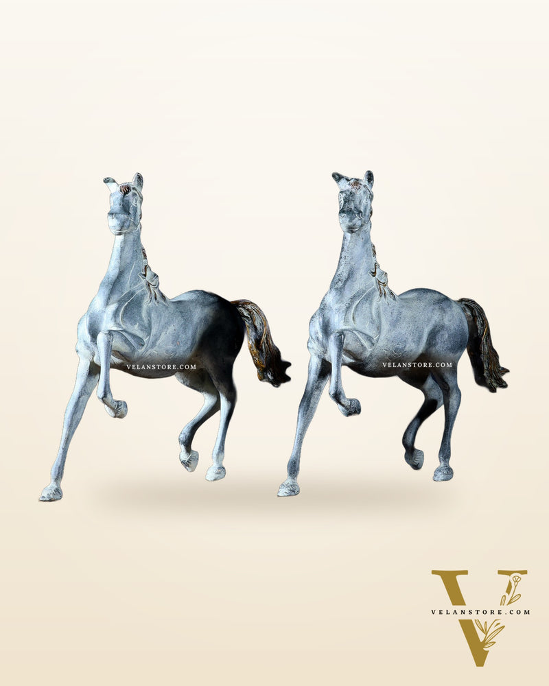 Pair of Pure Brass Galloping Horse Statues – Sand Finish | Feng Shui Symbol of Victory and Progress | 15.35" H