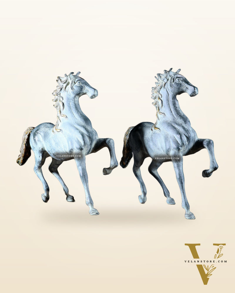 Pair of Pure Brass Galloping Horse Statues – Sand Finish | Feng Shui Symbol of Victory and Progress | 15.35" H