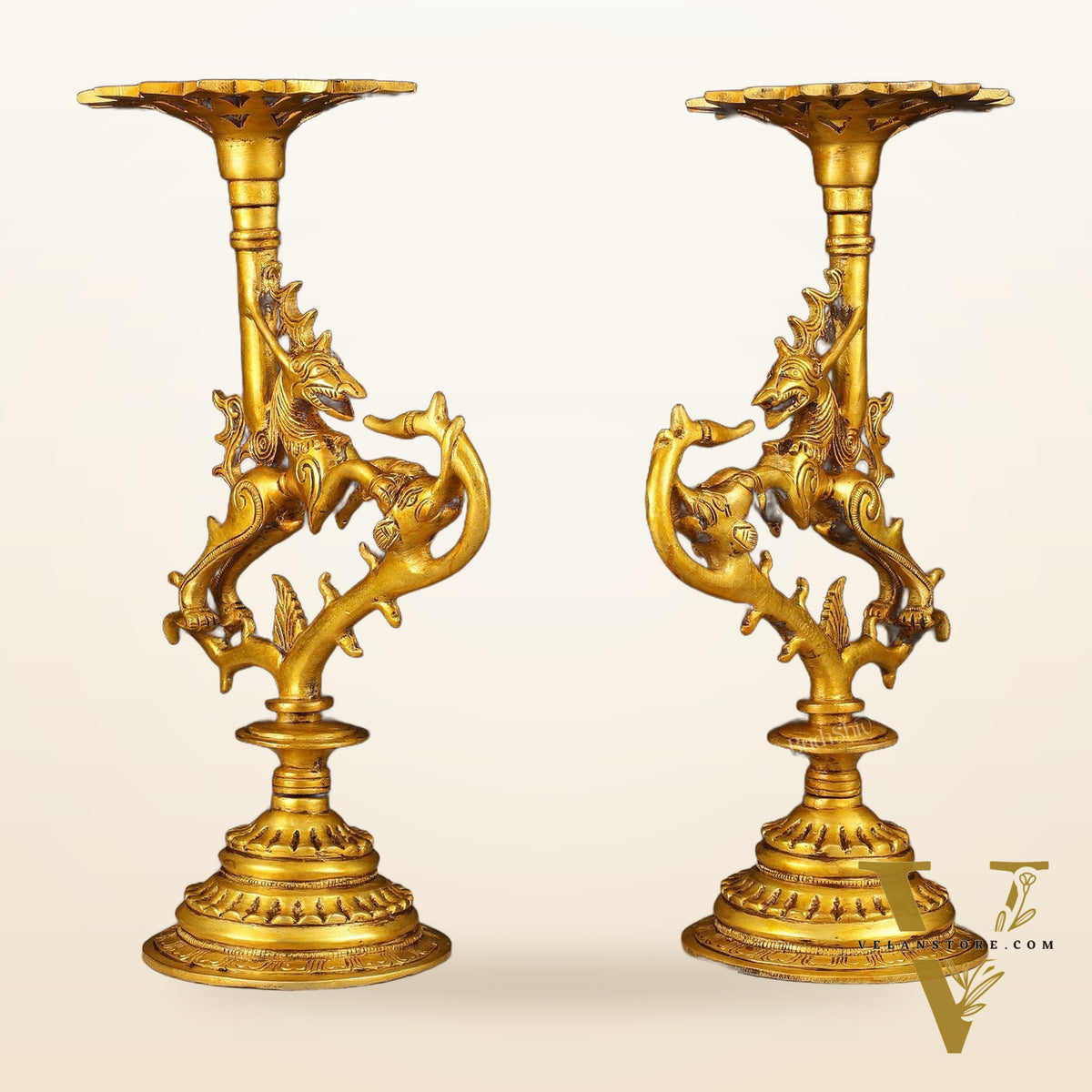 Pair of Pure Brass Yali Candle Holders 9"
