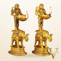 Pair of Traditional South Indian Pure Brass Deep Lady Paavai on Elephant Oil Lamps