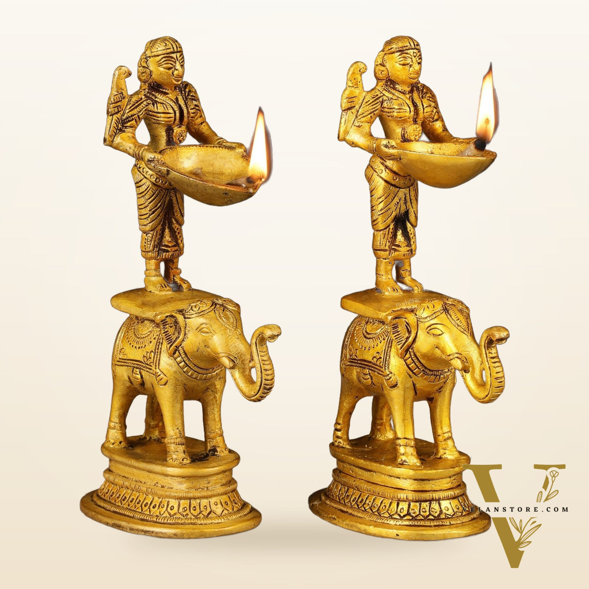 Pair of Traditional South Indian Pure Brass Deep Lady Paavai on Elephant Oil Lamps
