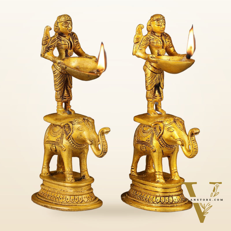 Pair of Traditional South Indian Pure Brass Deep Lady Paavai on Elephant Oil Lamps