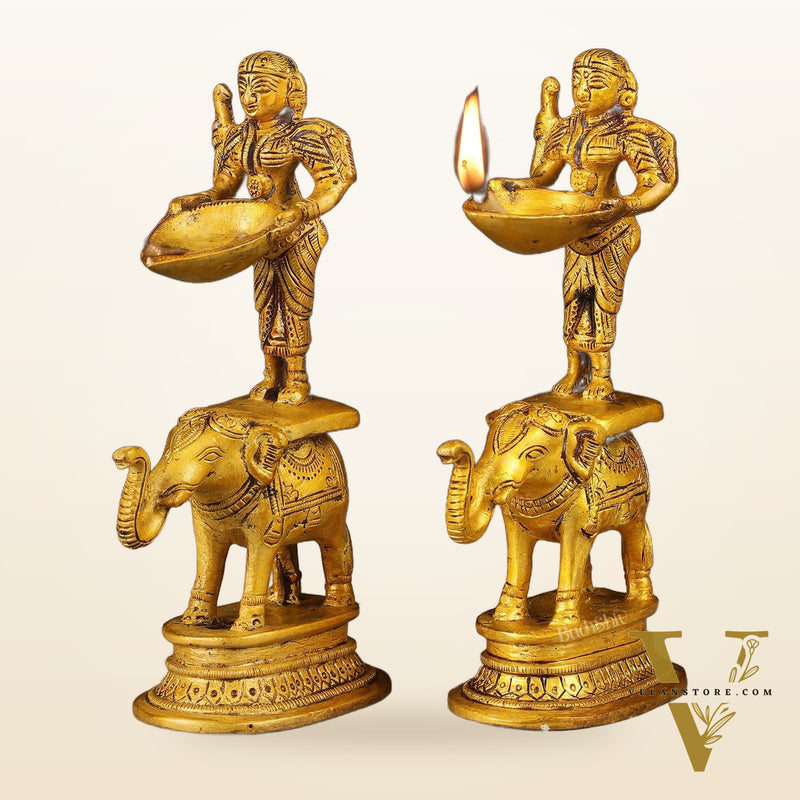 Pair of Traditional South Indian Pure Brass Deep Lady Paavai on Elephant Oil Lamps