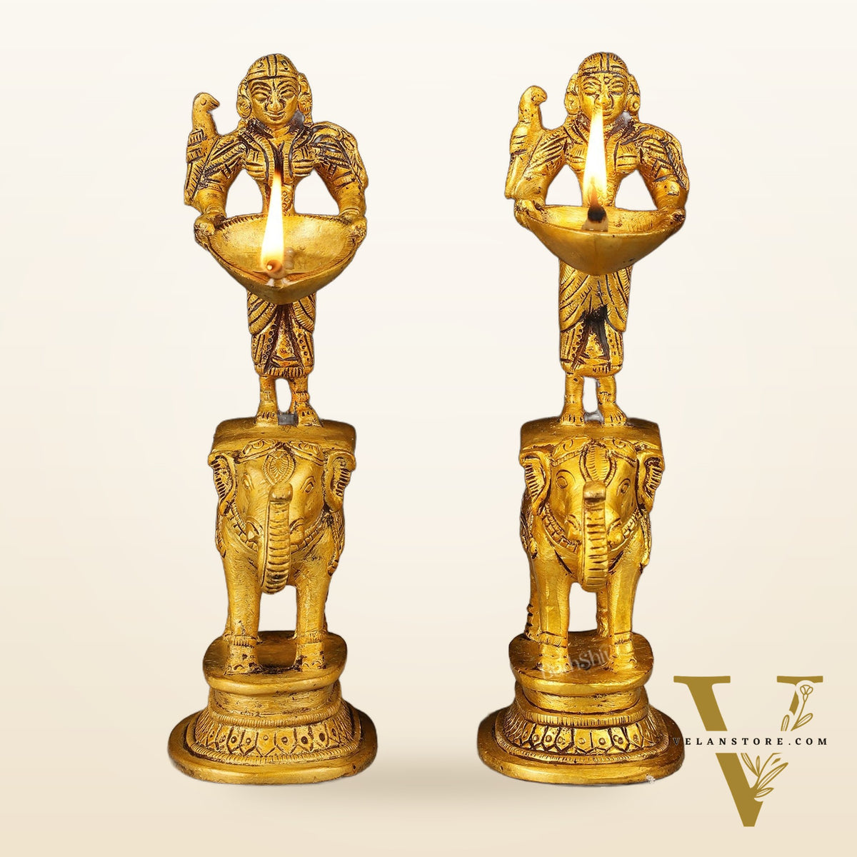 Pair of Traditional South Indian Pure Brass Deep Lady Paavai on Elephant Oil Lamps