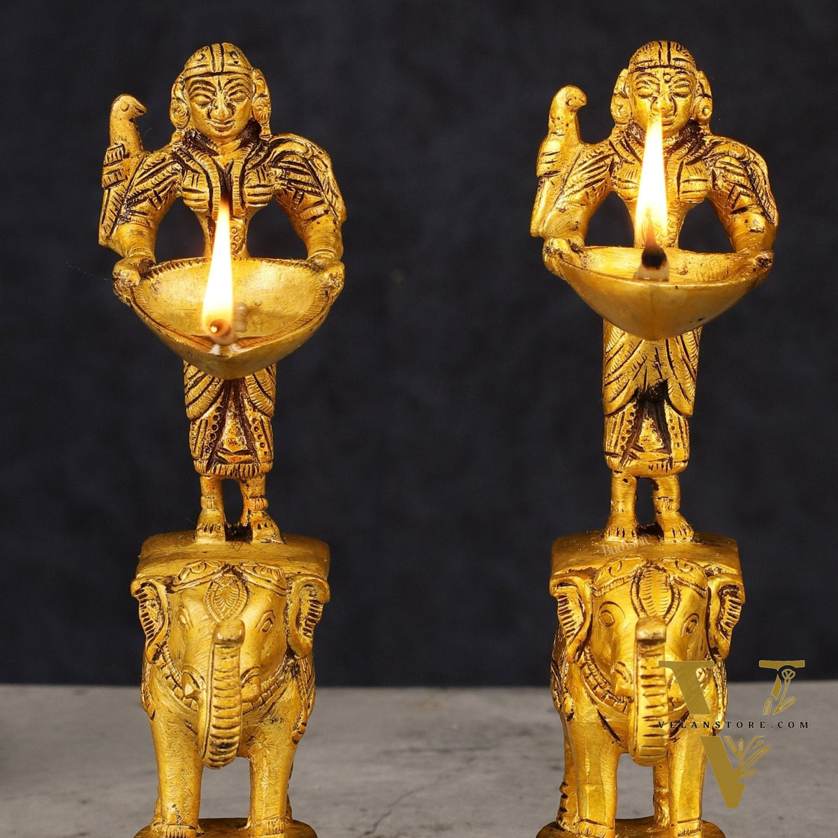 Pair of Traditional South Indian Pure Brass Deep Lady Paavai on Elephant Oil Lamps