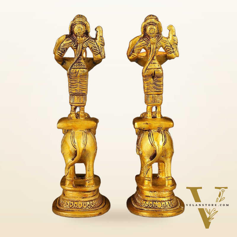 Pair of Traditional South Indian Pure Brass Deep Lady Paavai on Elephant Oil Lamps