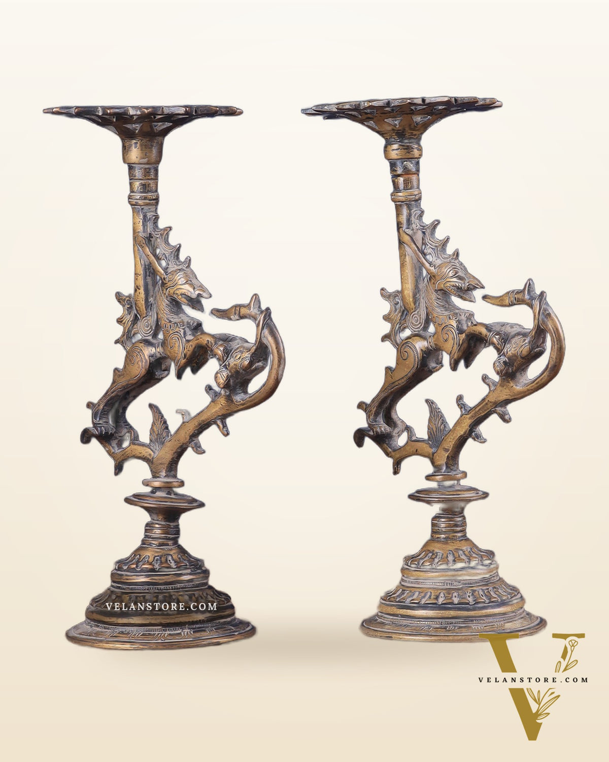 Pair of vintage Brass Yali Candle Holders 9"