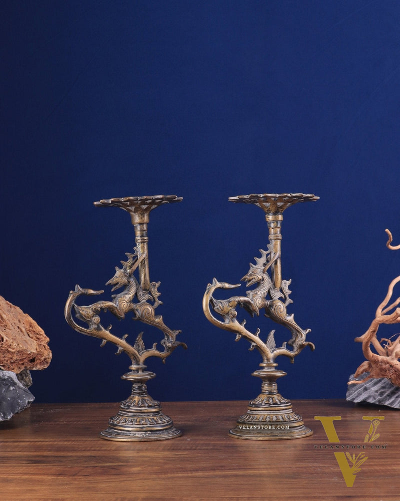 Pair of vintage Brass Yali Candle Holders 9"