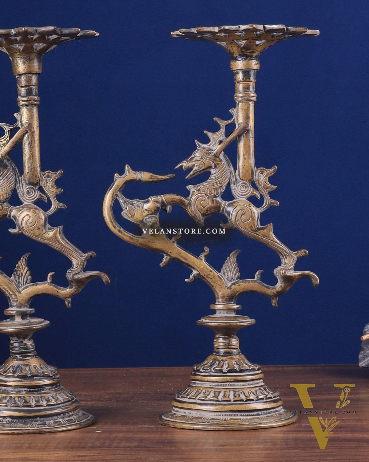 Pair of vintage Brass Yali Candle Holders 9"