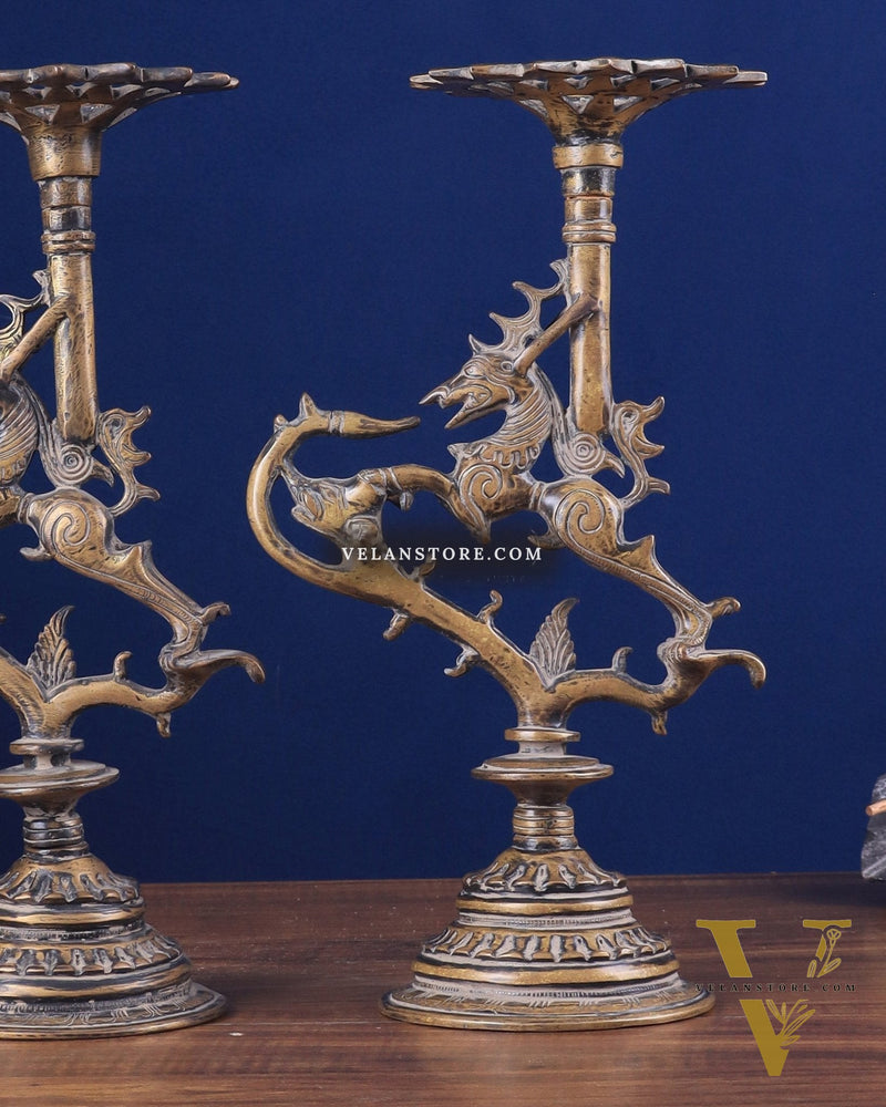 Pair of vintage Brass Yali Candle Holders 9"