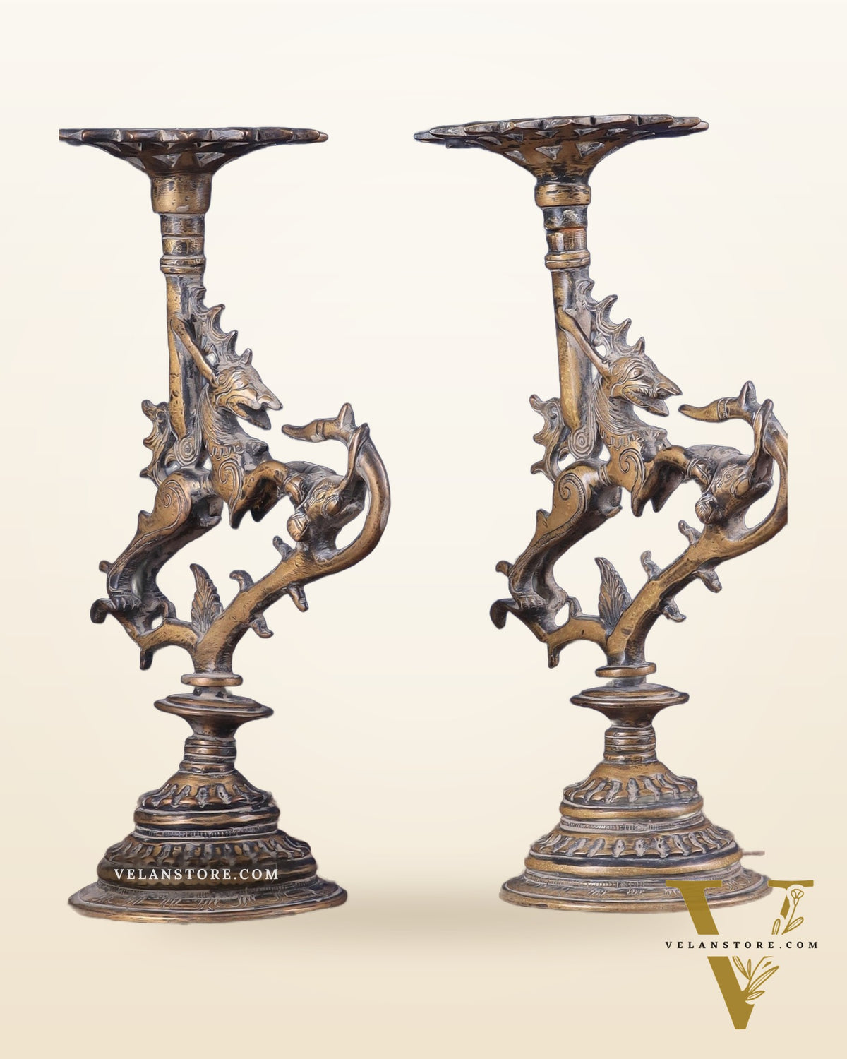 Pair of vintage Brass Yali Candle Holders 9"