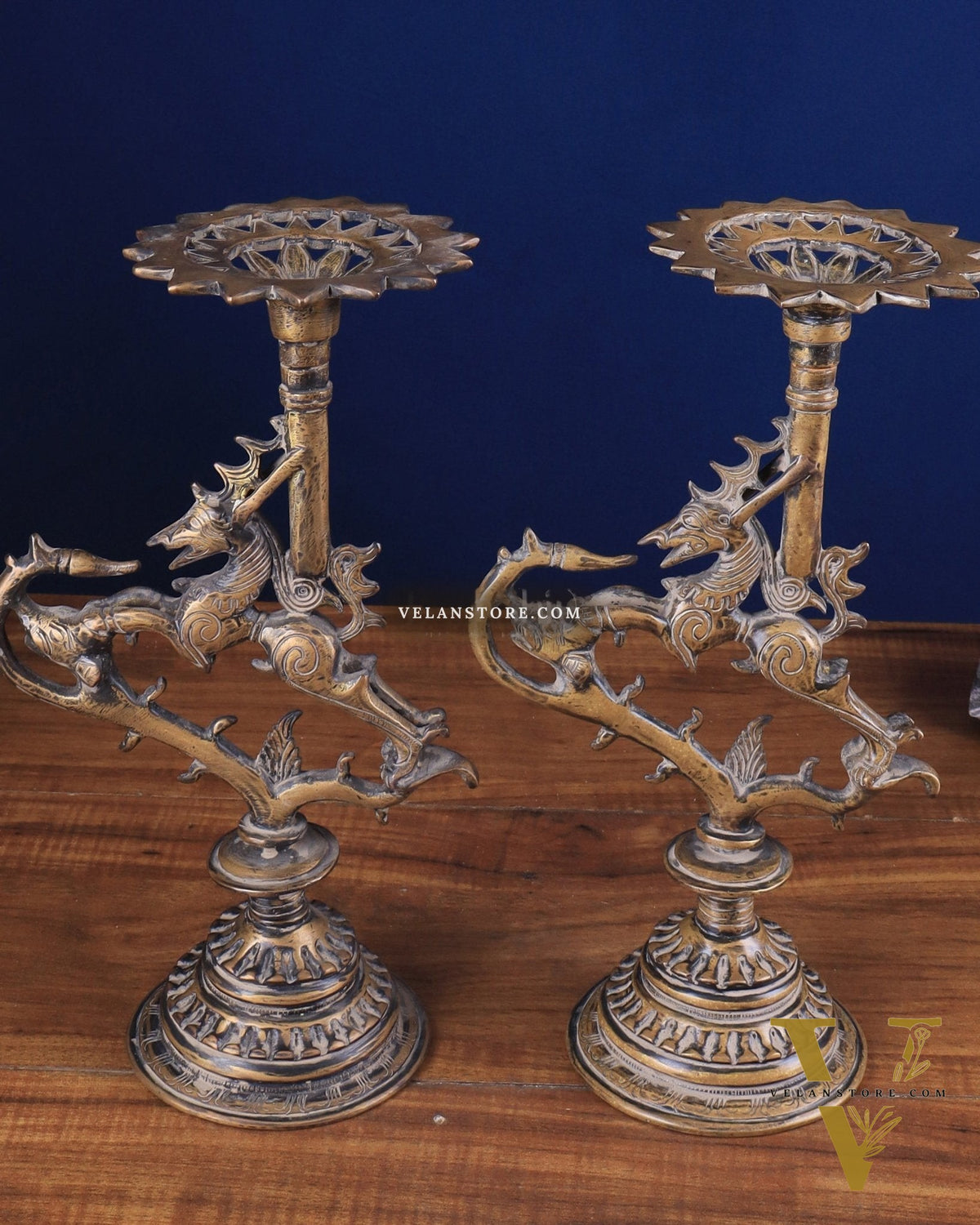 Pair of vintage Brass Yali Candle Holders 9"