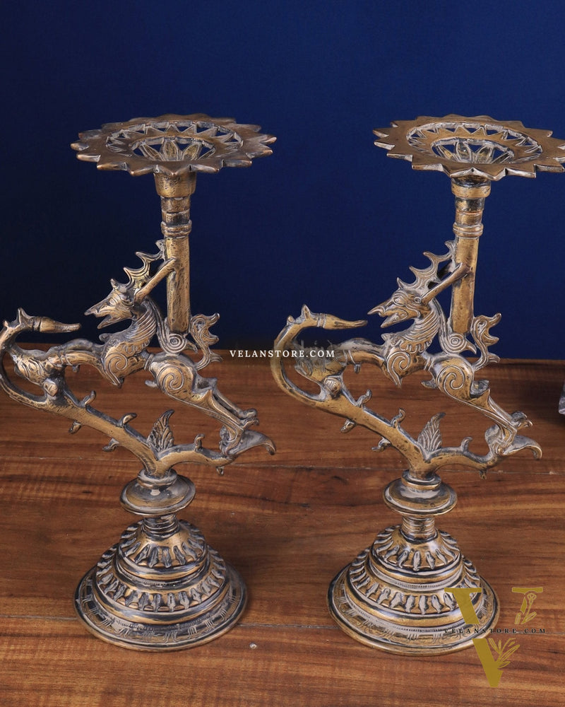 Pair of vintage Brass Yali Candle Holders 9"