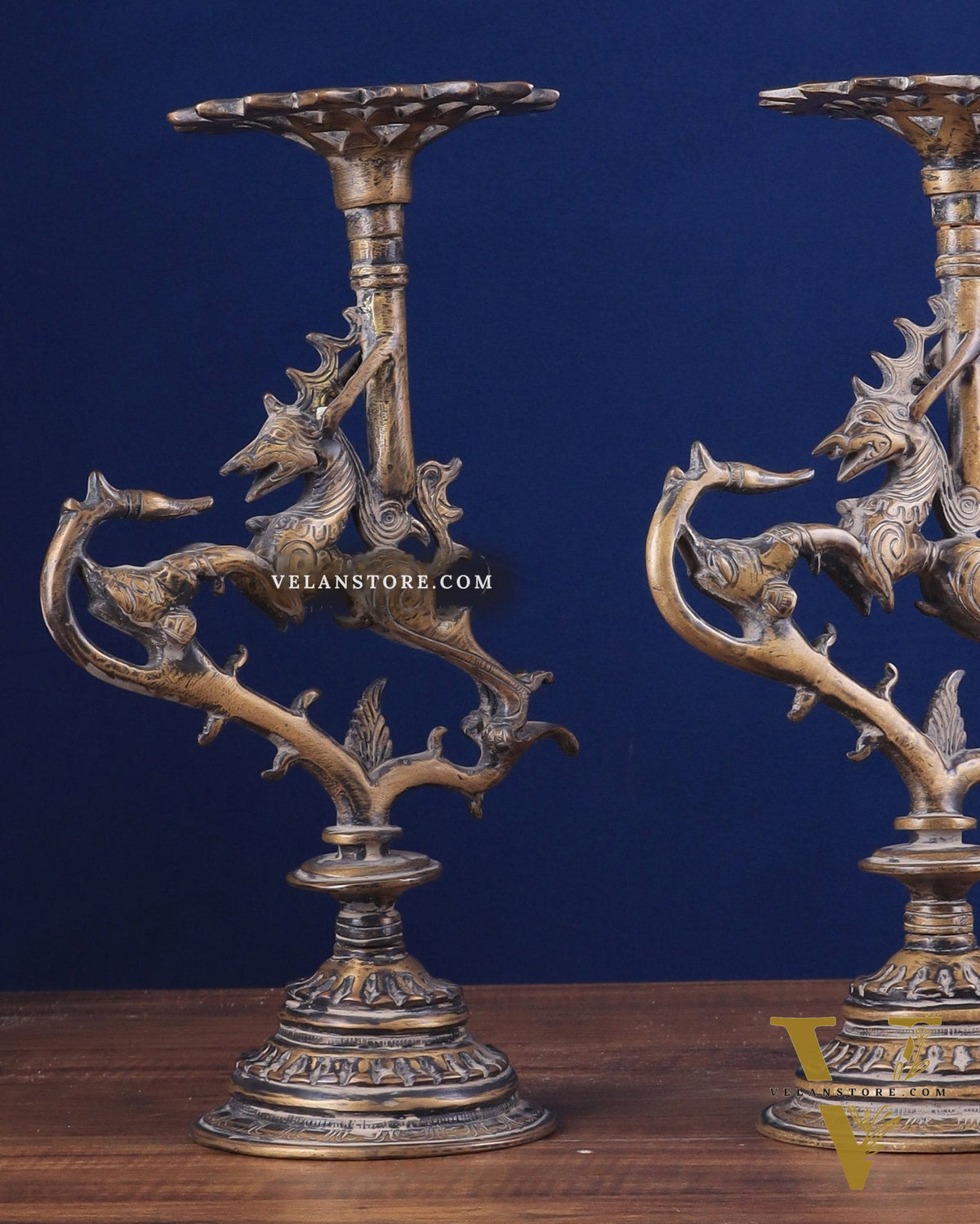 Pair of vintage Brass Yali Candle Holders 9"