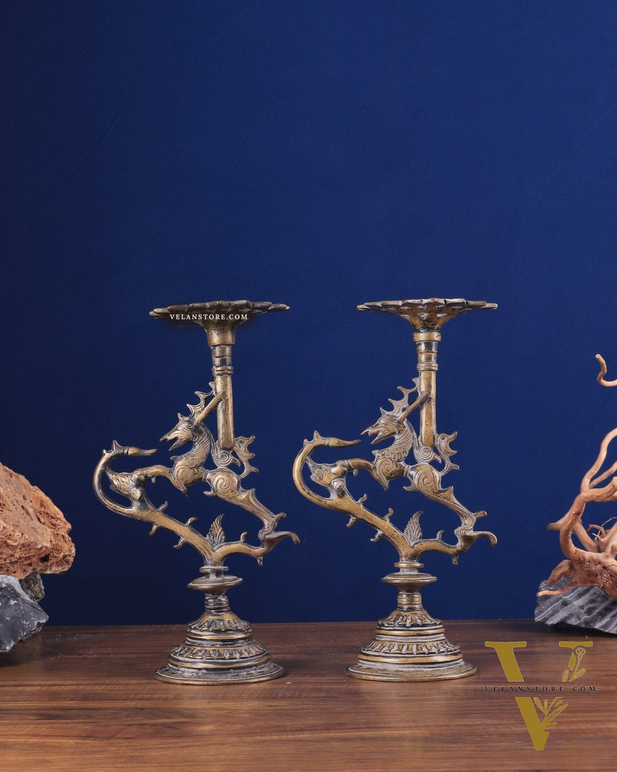 Pair of vintage Brass Yali Candle Holders 9"