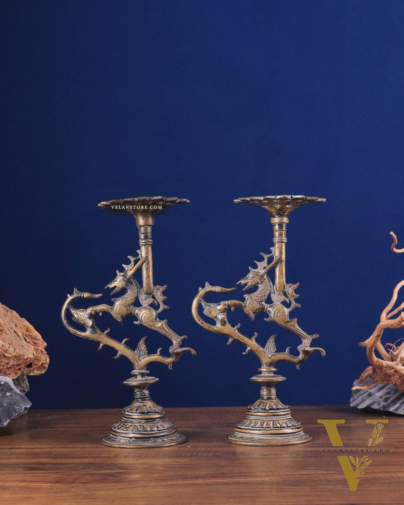Pair of vintage Brass Yali Candle Holders 9"
