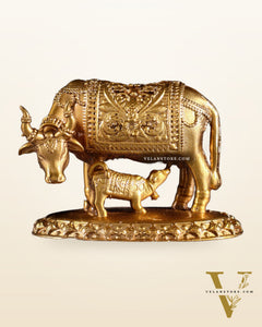 Panchaloha Pure Bronze Cow with Calf Idol – Gomatha Kamdhenu | 2.5"