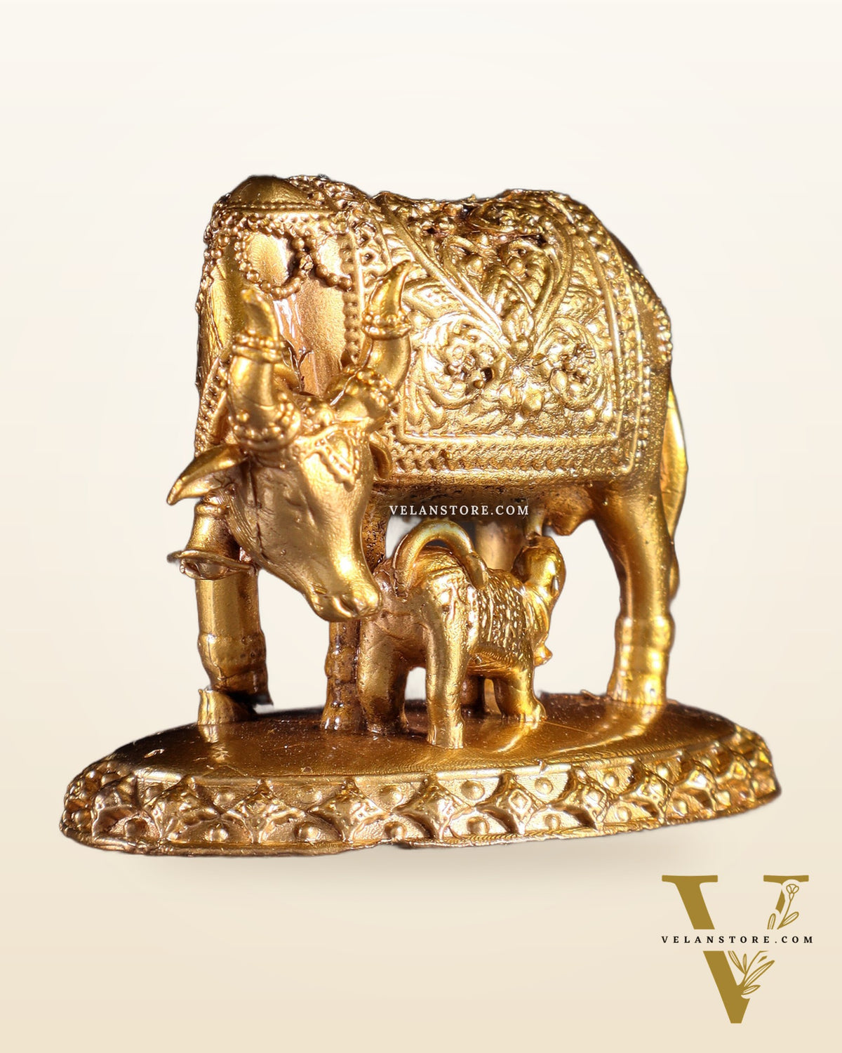 Panchaloha Pure Bronze Cow with Calf Idol – Gomatha Kamdhenu | 2.5"