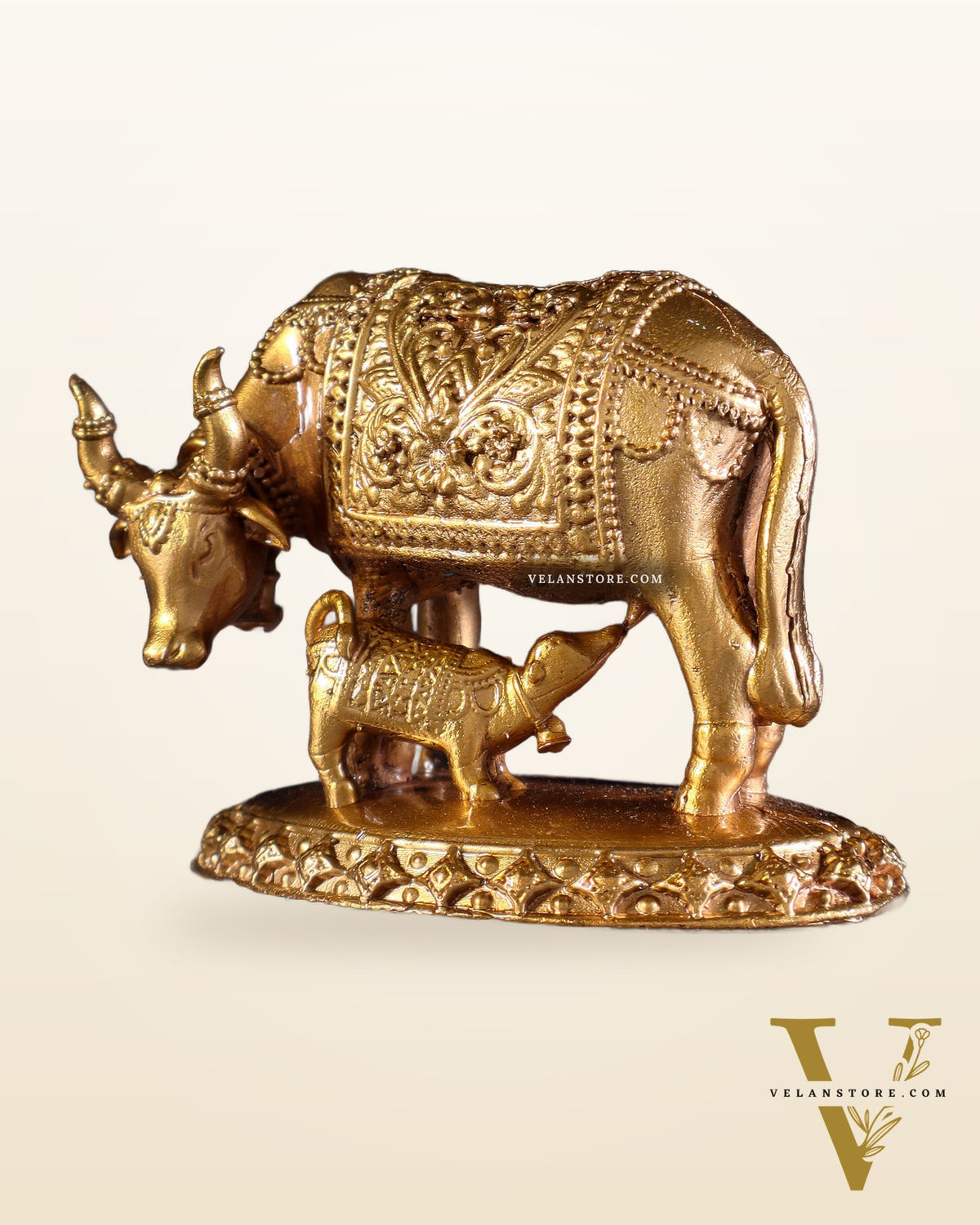 Panchaloha Pure Bronze Cow with Calf Idol – Gomatha Kamdhenu | 2.5"