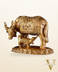 Panchaloha Pure Bronze Cow with Calf Idol – Gomatha Kamdhenu | 2.5"