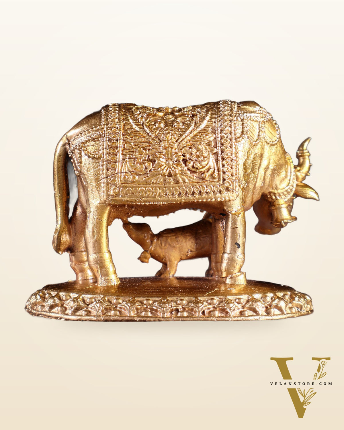 Panchaloha Pure Bronze Cow with Calf Idol – Gomatha Kamdhenu | 2.5"