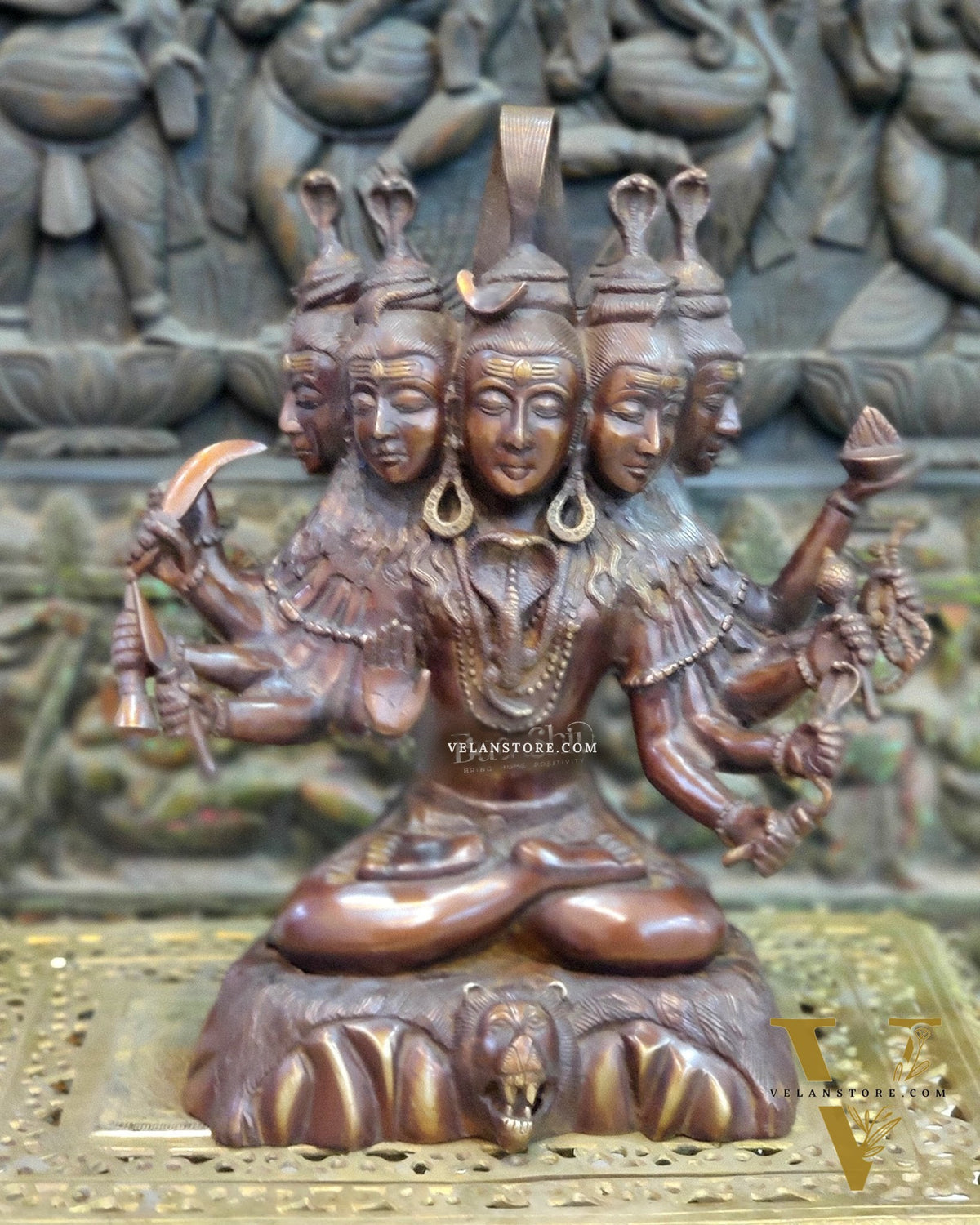 Panchamukhi Sadashiva Brass Idol | Antique Copper Brown Finish | 15" Height