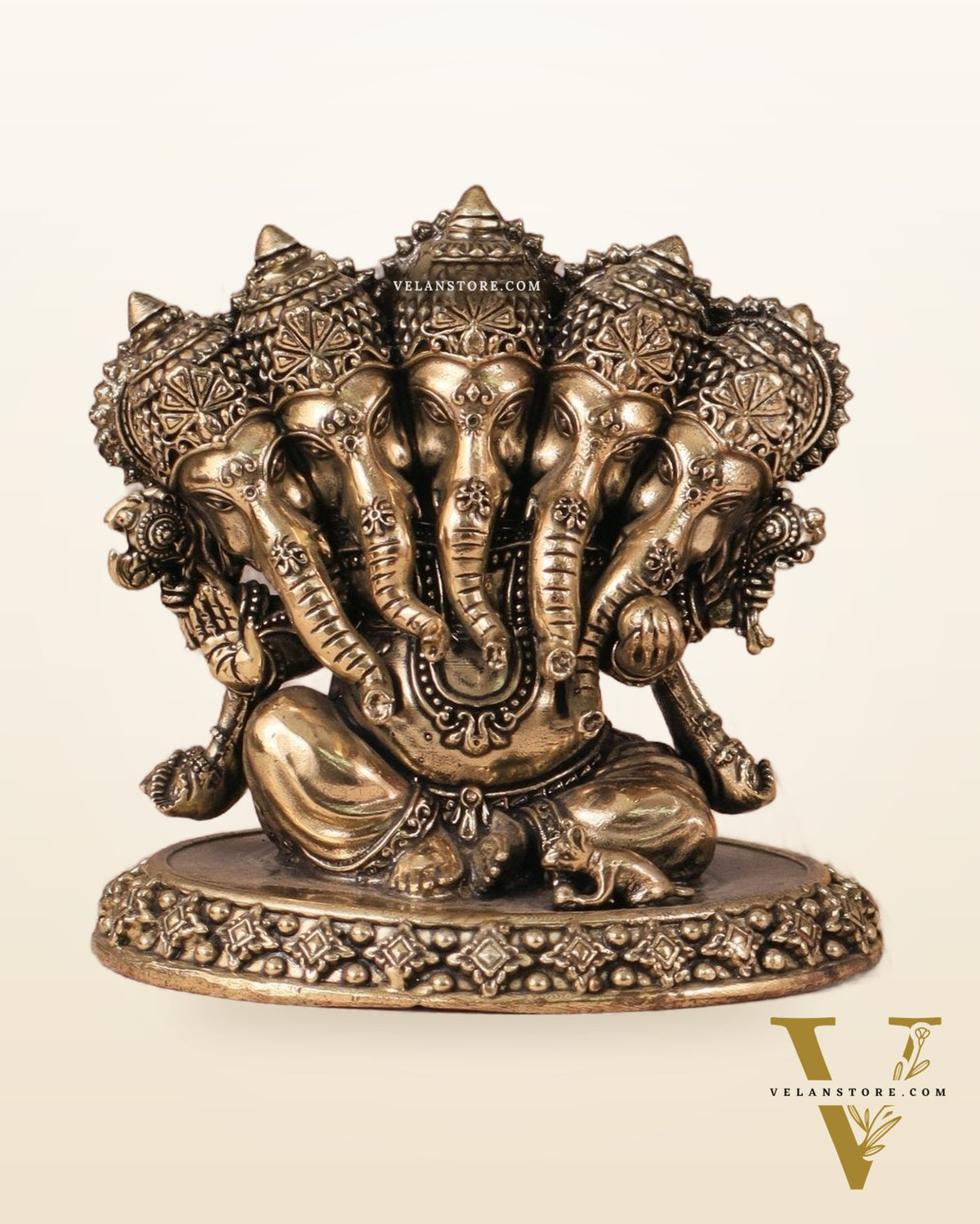 Panchmukhi Ganesha (Five-Faced) Superfine Intricate Pure Brass Idol - 4.25"