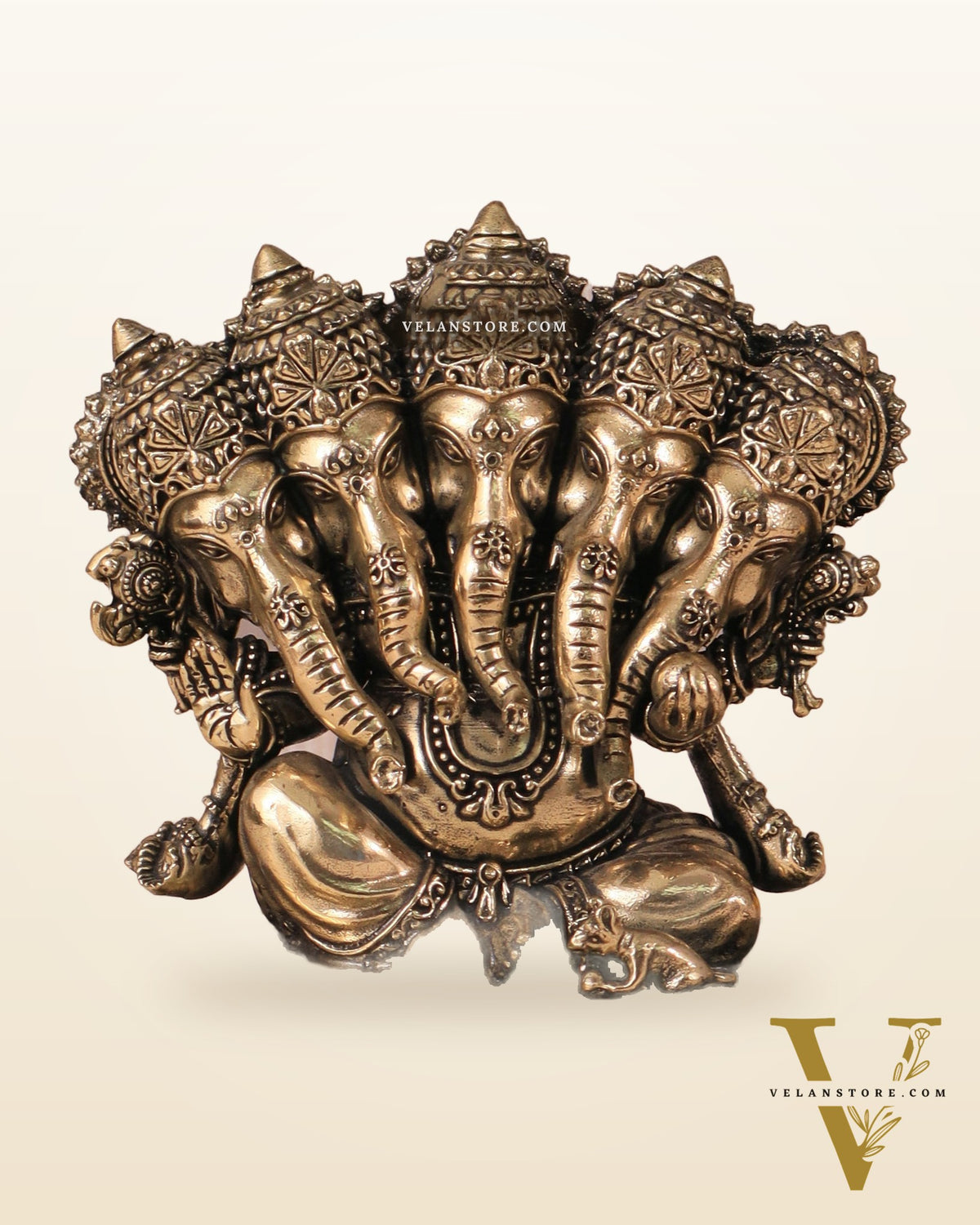 Panchmukhi Ganesha (Five-Faced) Superfine Intricate Pure Brass Idol - 4.25"