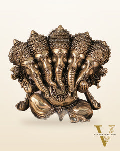 Panchmukhi Ganesha (Five-Faced) Superfine Intricate Pure Brass Idol - 4.25"