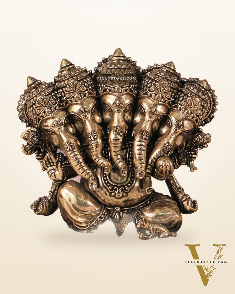 Panchmukhi Ganesha (Five-Faced) Superfine Intricate Pure Brass Idol - 4.25"