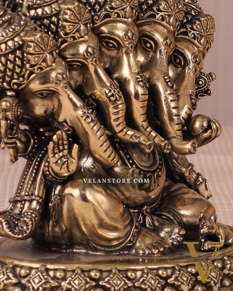Panchmukhi Ganesha (Five-Faced) Superfine Intricate Pure Brass Idol - 4.25"