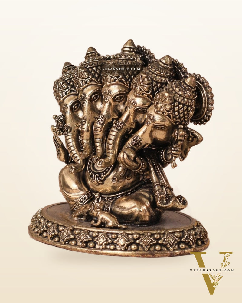 Panchmukhi Ganesha (Five-Faced) Superfine Intricate Pure Brass Idol - 4.25"