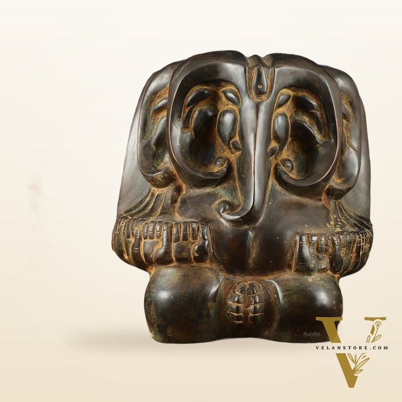 Panchmukhi Ganesha Pure Brass Rustic Vintage Abstract Sculpture | 12"