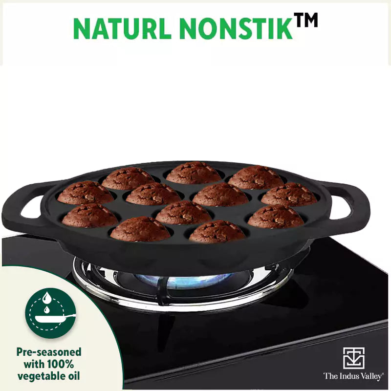 12 Pit/Cup CASTrong Cast Iron Kuzhi Paniyaram/Paddu Pan/Appe Maker, Pre-seasoned, 100% Pure, Toxin-free, Free Spatula, 21 cm, 2.2 kg