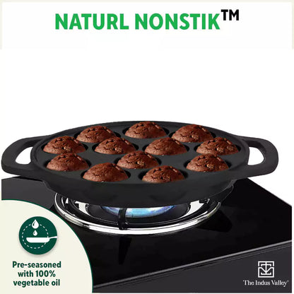 12 Pit/Cup CASTrong Cast Iron Kuzhi Paniyaram/Paddu Pan/Appe Maker, Pre-seasoned, 100% Pure, Toxin-free, Free Spatula, 21 cm, 2.2 kg