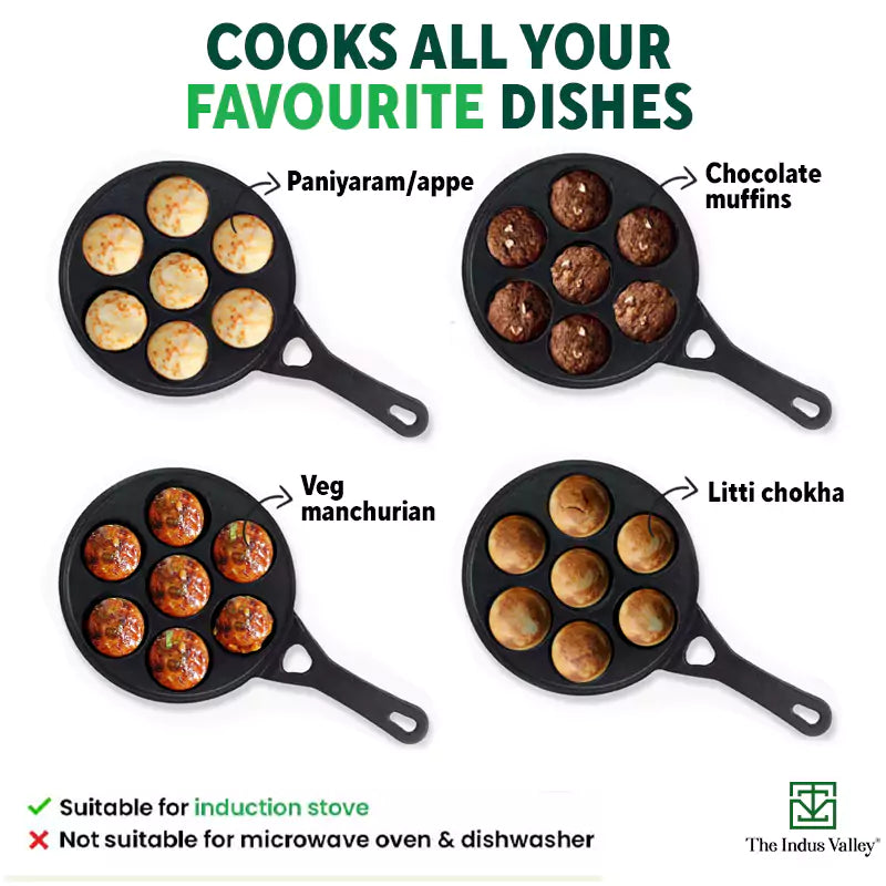 7 Pit/Cup CASTrong Cast Iron Paniyaram/Appe Pan+ Glass Lid, Pre-seasoned, Nonstick, 100% Pure, Toxin-free, 21 cm, 1.9 kg