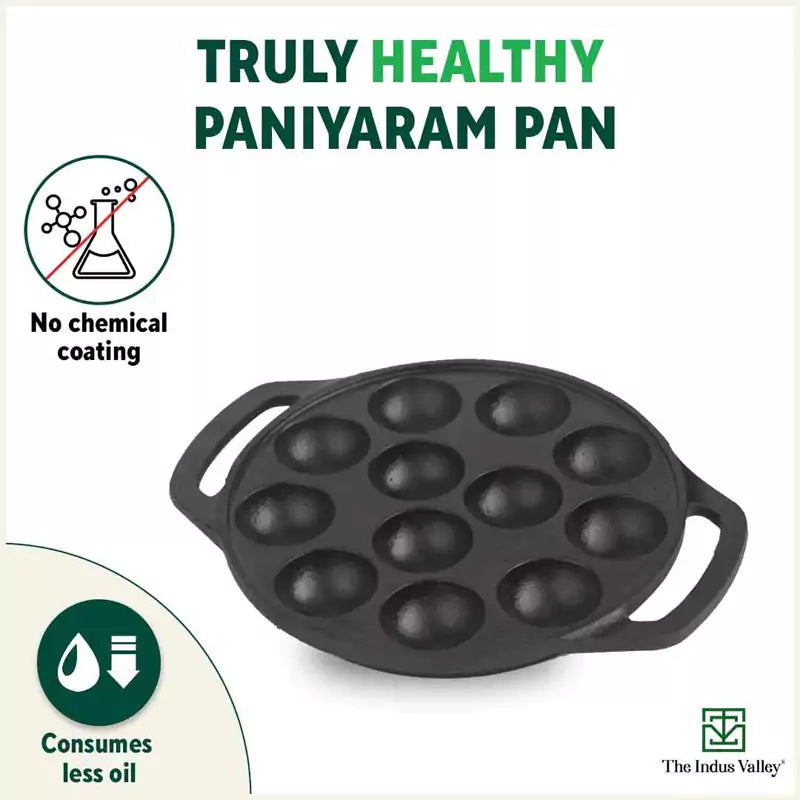 12 Pit/Cup CASTrong Cast Iron Kuzhi Paniyaram/Paddu Pan/Appe Maker, Pre-seasoned, 100% Pure, Toxin-free, Free Spatula, 21 cm, 2.2 kg