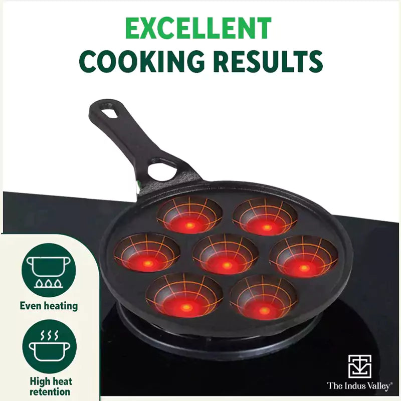 7 Pit/Cup CASTrong Cast Iron Paniyaram/Appe Pan+ Glass Lid, Pre-seasoned, Nonstick, 100% Pure, Toxin-free, 21 cm, 1.9 kg