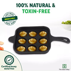 9 Pit/Cup CASTrong Cast Iron Paniyaram/Appe pan+ Free Spatula, Square, Long handle, Pre-seasoned, Nonstick, 100% Pure, Toxin-free, 18.5cm, 2.4kg