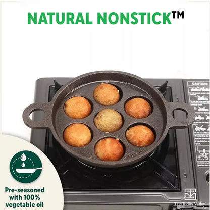 Super Smooth 7 Pit/Cup Cast Iron Paniyaram/Appe Pan+ Free Spatula, Pre-seasoned, Natural Nonstick, 100% Pure, Toxin-free, 18.9cm, 2.26 kg