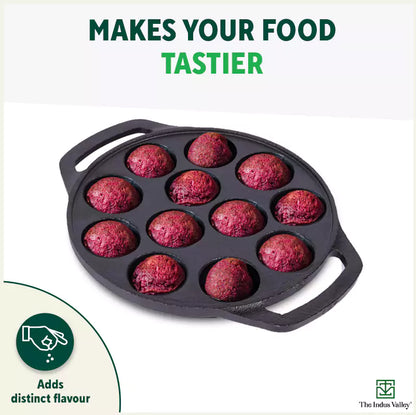 12 Pit/Cup CASTrong Cast Iron Kuzhi Paniyaram/Paddu Pan/Appe Maker, Pre-seasoned, 100% Pure, Toxin-free, Free Spatula, 21 cm, 2.2 kg