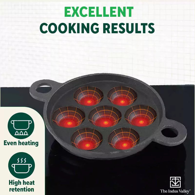 Super Smooth 7 Pit/Cup Cast Iron Paniyaram/Appe Pan+ Free Spatula, Pre-seasoned, Natural Nonstick, 100% Pure, Toxin-free, 18.9cm, 2.26 kg