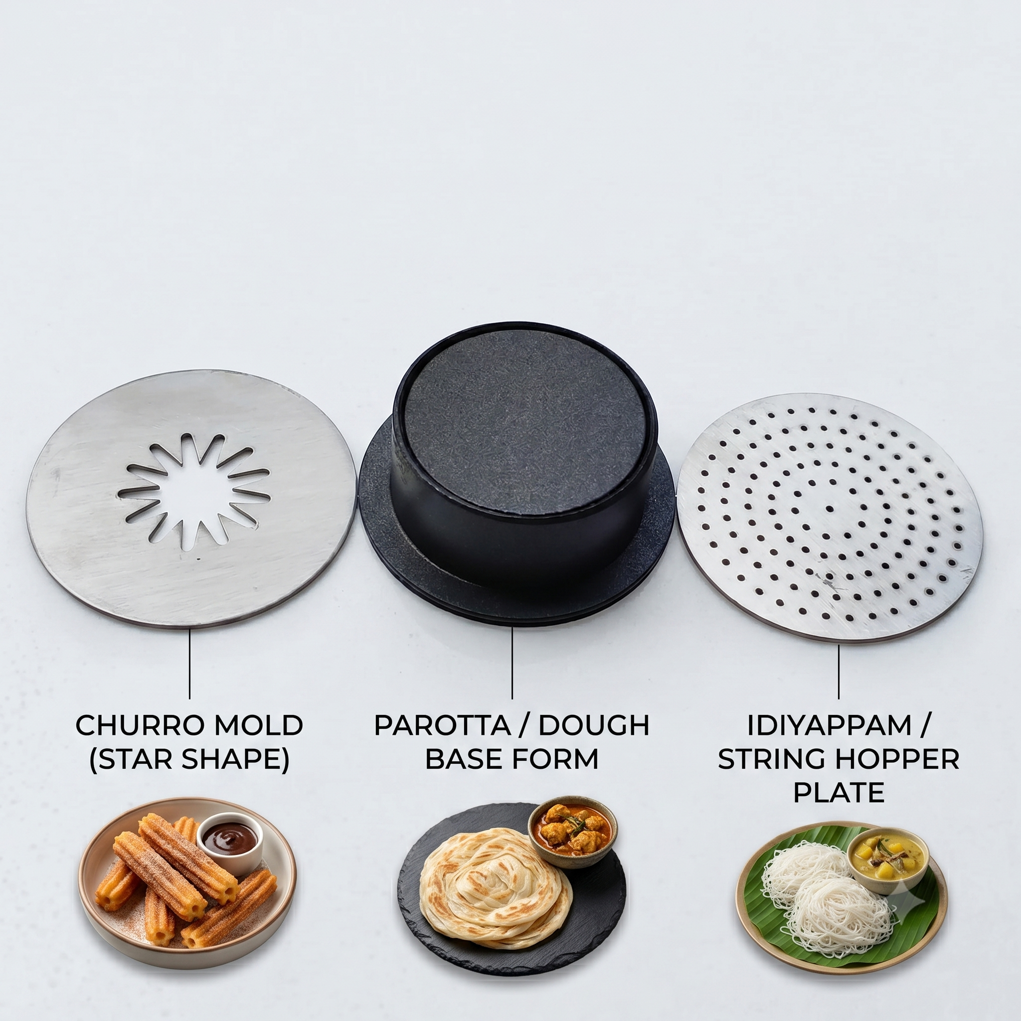 Parotta and Interchangeable Discs for Idiyappam, Murukku, Churros and more
