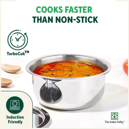 TurboCuk Tri-ply Stainless Steel Tope/Tapeli/Bhagona/Patila+ Steel Lid, Premium Quality, 3 Layer Thick Body, 100% Toxin-free, Non-stick, Induction & Gas, 2.2/3.1L