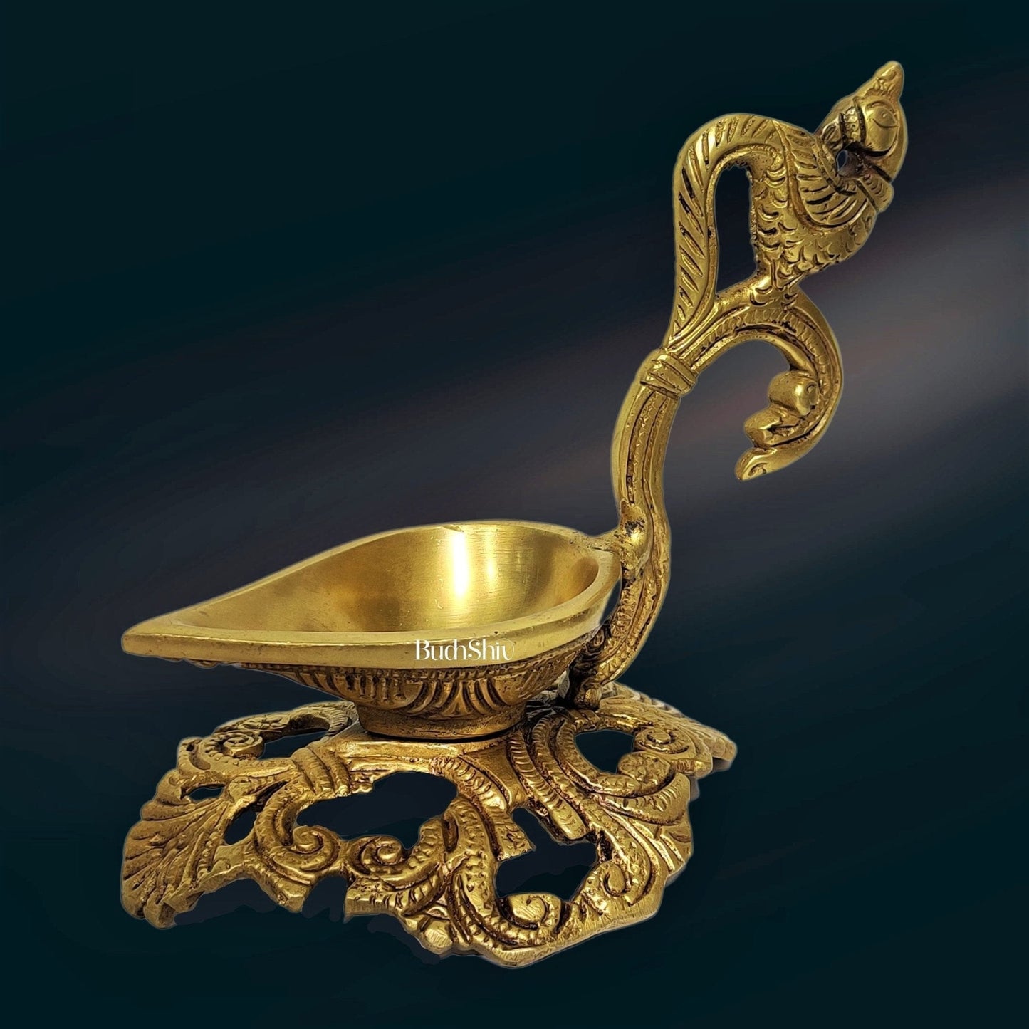 Peacock / annam design brass diya with round engraved stand