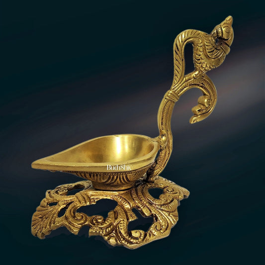 Peacock / annam design brass diya with round engraved stand