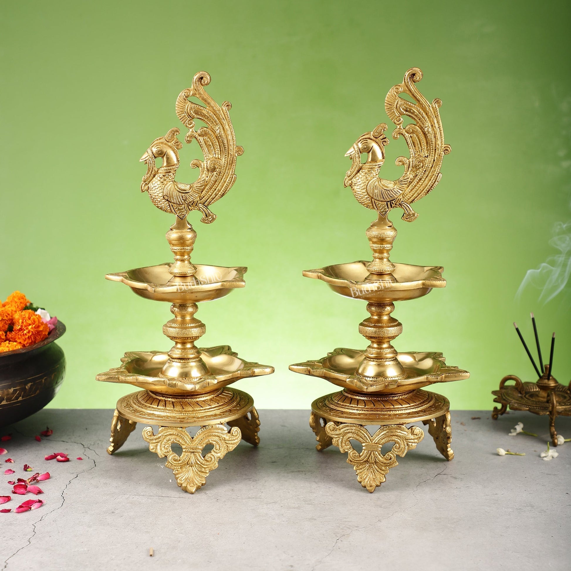 Peacock brass lamp pair superfine 16 inch