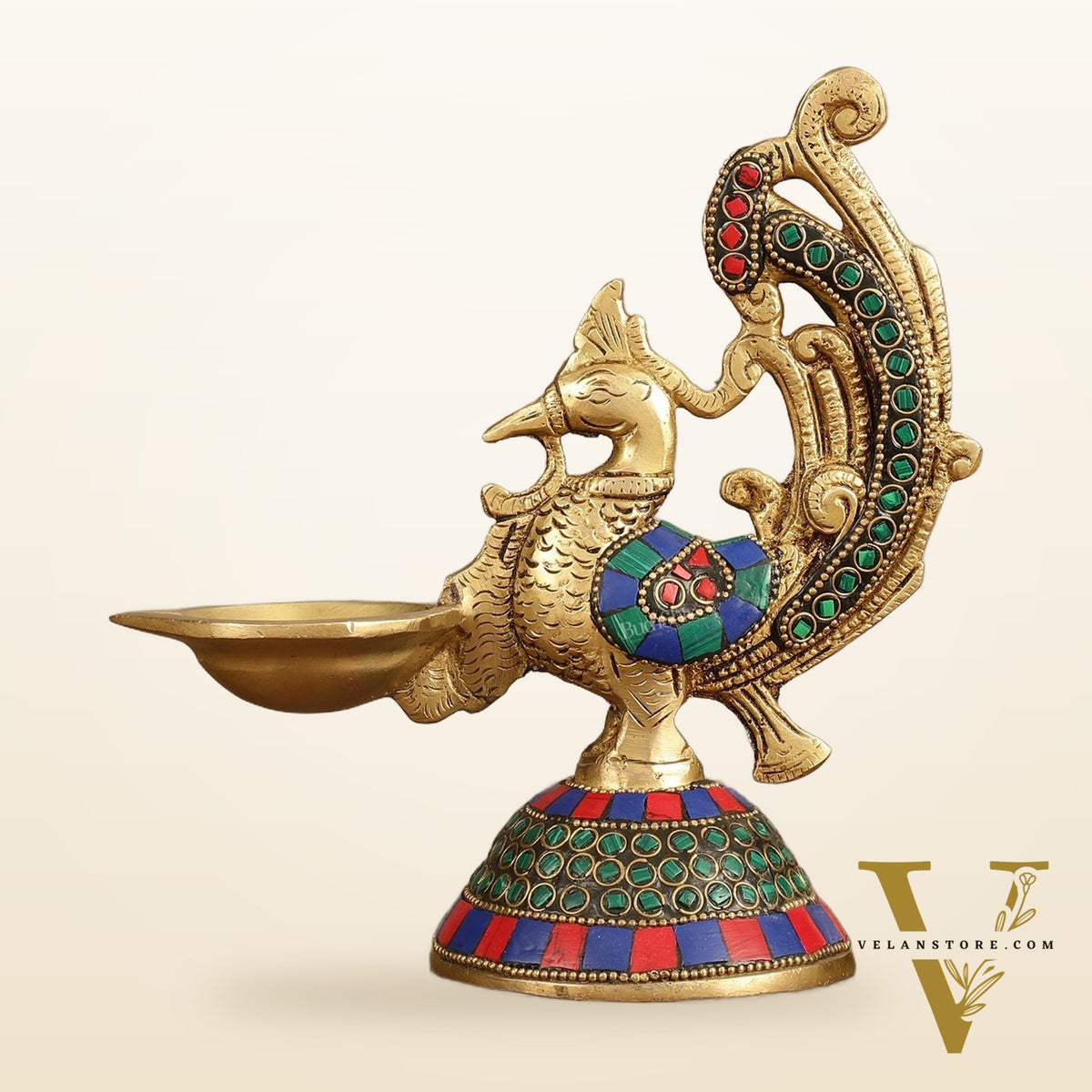 Peacock Brass Oil Lamp | 8 inches  Meenakari 8"