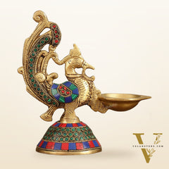 Peacock Brass Oil Lamp | 8 inches  Meenakari 8"